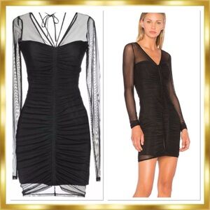 Cinq A Sept Grant Ruched Structured Sheath Tulle Mesh Silk Black Dress XS